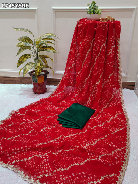 KcPc New Elegant Georgette Bandhani Saree with Kashida Embroidery Saree LGC