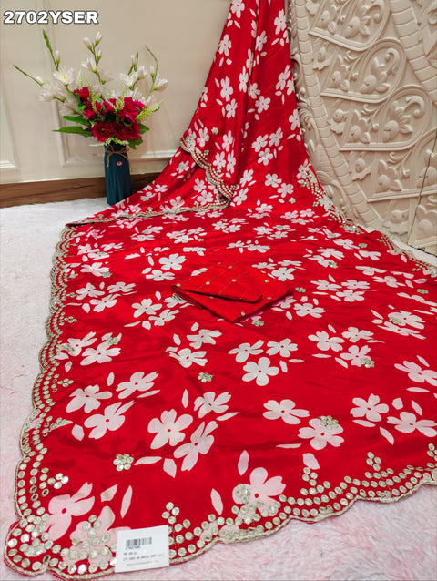 KcPc New Latest Printed Crepe Silk Saree with Embroidery Mirror WorkSaree GAN