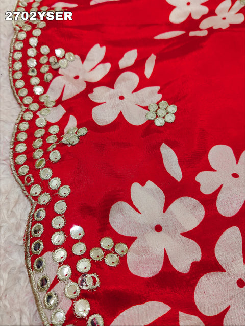 KcPc New Latest Printed Crepe Silk Saree with Embroidery Mirror WorkSaree GAN