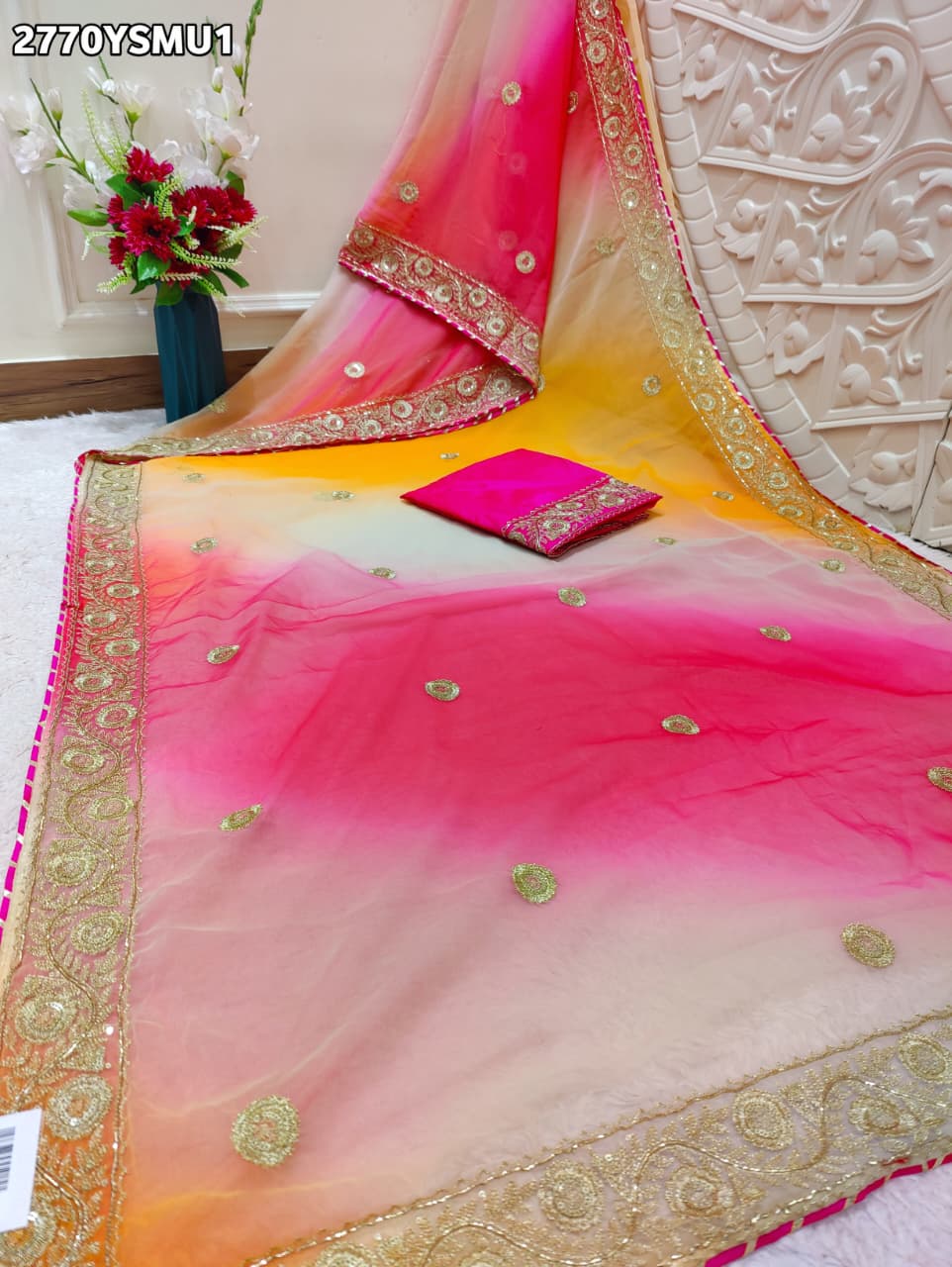 By Traditional Saree With Cutdana Embroidery Work