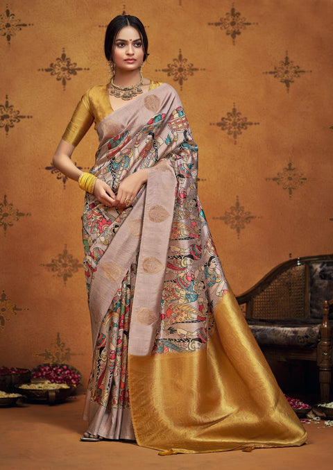 KcPc New Beautiful Tissue Silk Saree with Kalamkari Design Saree STR