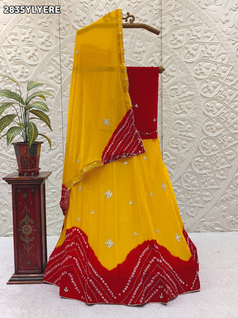 KcPc New Traditional Chinon Leheriya Lehenga with Gota Patti Handwork GSM