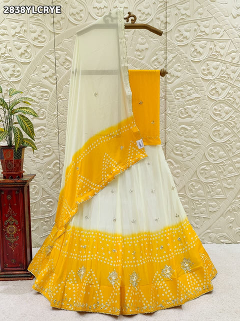 KcPc New Traditional Chinon Bandhani Lehenga with Gota Patti Detailing GSM