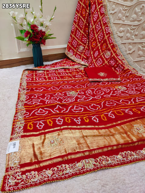 KcPc New Royal Gaji Silk Bandhani Saree with Zardozi Work for Weddings SRN