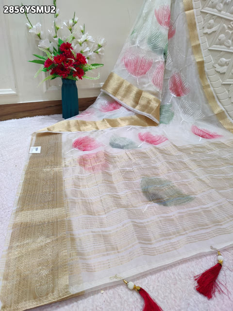 KcPc New Traditional Printed Tissue Silk Saree with Golden Border SWA