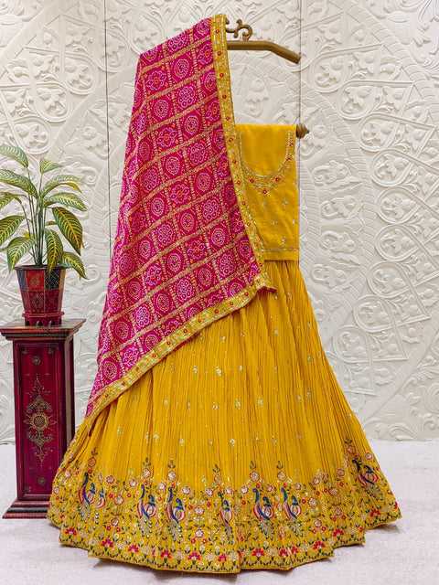 KcPc Pure Chinon Crush With Bandhej Silk Heavy Work Embroidery Lehenga  RAJ