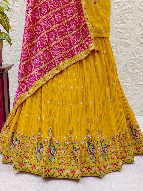 KcPc Pure Chinon Crush With Bandhej Silk Heavy Work Embroidery Lehenga  RAJ