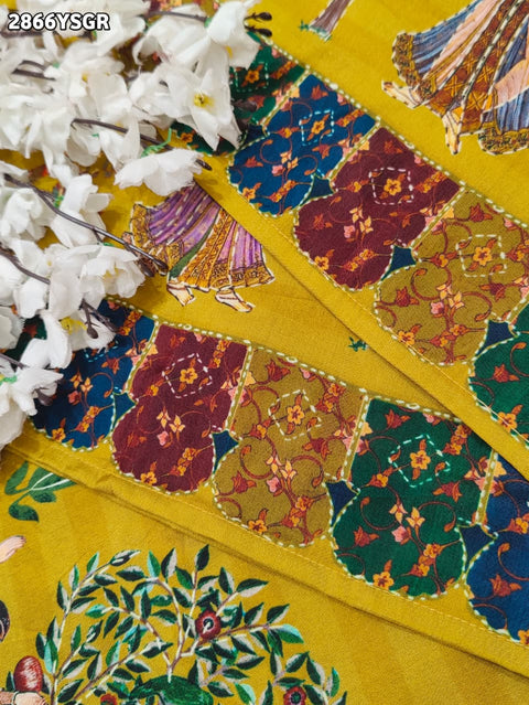 KcPc New Elegant Tussar Silk Kalamkari Saree with Tharad Tari Work SVD