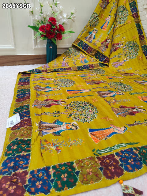 KcPc New Elegant Tussar Silk Kalamkari Saree with Tharad Tari Work SVD