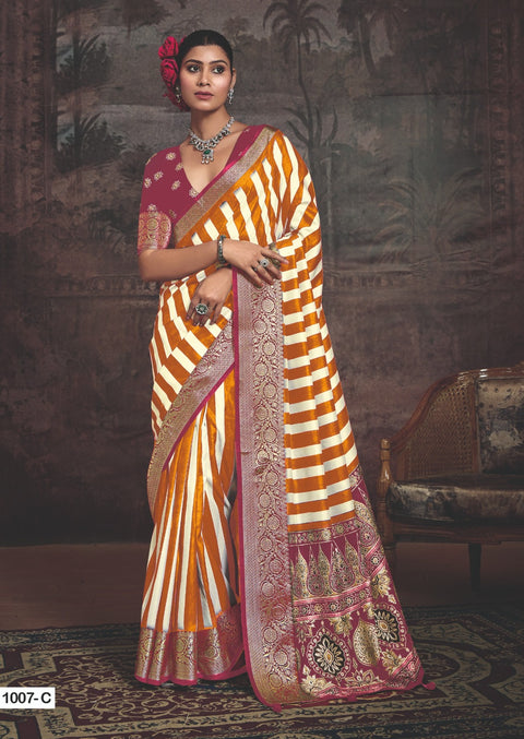 KcPc New Premium Ajrakh Design Saree with Zari Border on Munga Silk Fabric STR