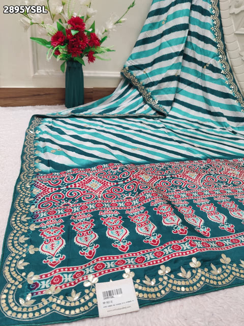 KcPc New Creap Silk Ajrakh Leheriya Saree with Mirror & Gota Patti Work RG