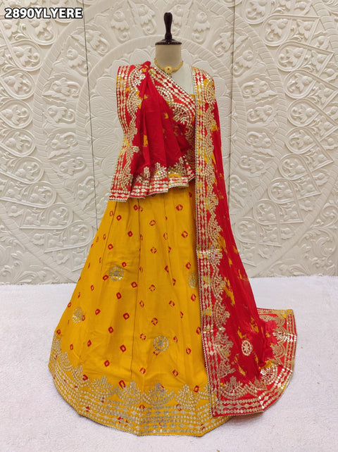 KcPc New Traditional Chinon Silk Bandhani Lehenga with Rich Gota Patti Details SSB