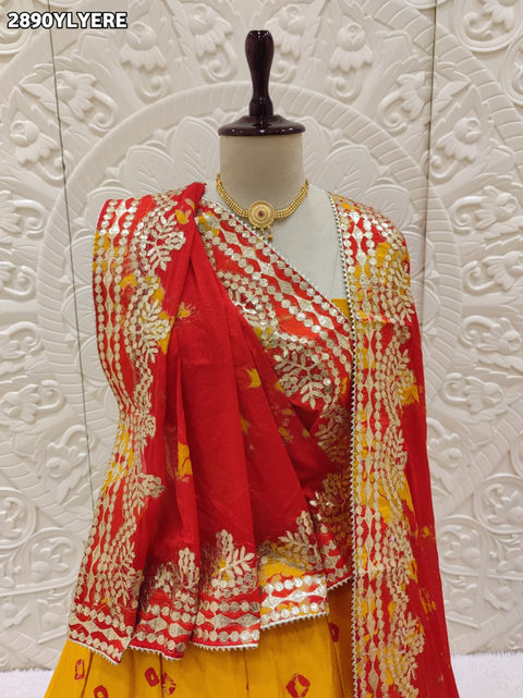 KcPc New Traditional Chinon Silk Bandhani Lehenga with Rich Gota Patti Details SSB
