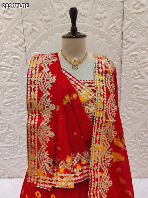 KcPc New Traditional Bandhani Style Chinon Silk Lehenga with Handcrafted Gota Patti SSB