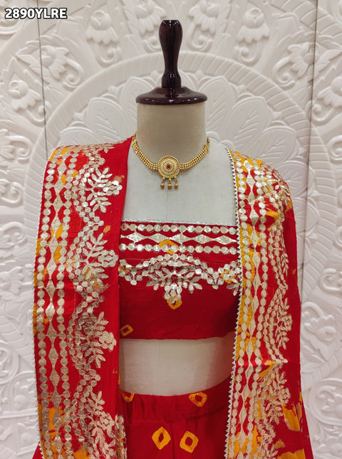 KcPc New Traditional Bandhani Style Chinon Silk Lehenga with Handcrafted Gota Patti SSB