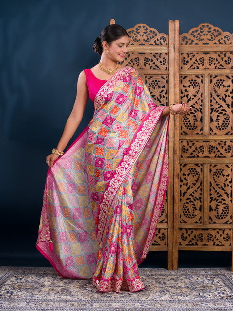 KcPc New Designer Digital Print Chinon Saree with Gota Patti  AMT