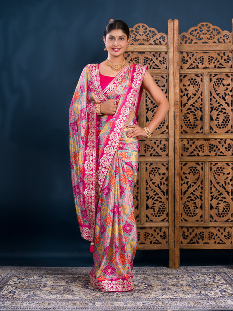 KcPc New Designer Digital Print Chinon Saree with Gota Patti  AMT