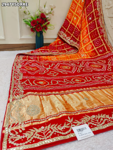 KcPc New Royal Gaji Silk Bandhani Saree with Gota Patti Work