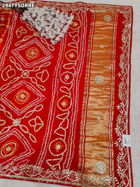 KcPc New Royal Gaji Silk Bandhani Saree with Gota Patti Work
