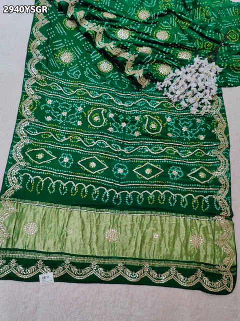 KcPc New Handcrafted Gaji Silk Saree in Bandhani Style with Gota Patti Detailing  PRF