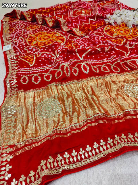 KcPc New Exquisite Bandhani Style Gaji Silk Saree with Handcrafted Gota Patti Work  PRF