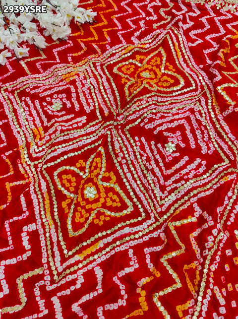 KcPc New Exquisite Bandhani Style Gaji Silk Saree with Handcrafted Gota Patti Work  PRF