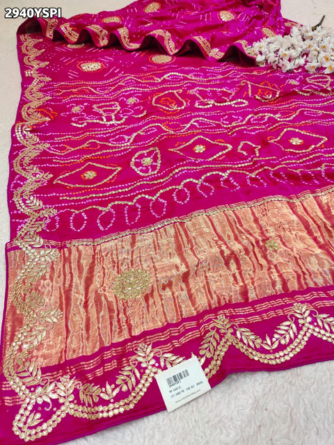 KcPc New Traditional Gaji Silk Bandhani Saree Embellished with Exquisite Gota Patti  PRF