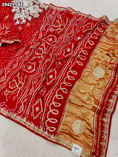 KcPc New Classic Bandhani Gaji Saree with Fine Gota Patti Ideal for Weddings & Festive Wear  PRF