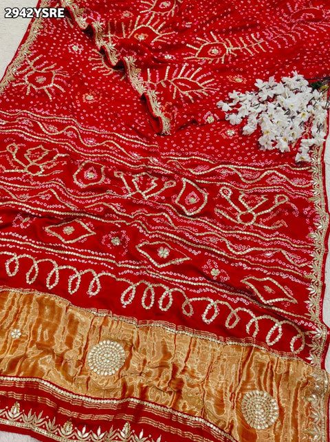 KcPc New Classic Bandhani Gaji Saree with Fine Gota Patti Ideal for Weddings & Festive Wear  PRF