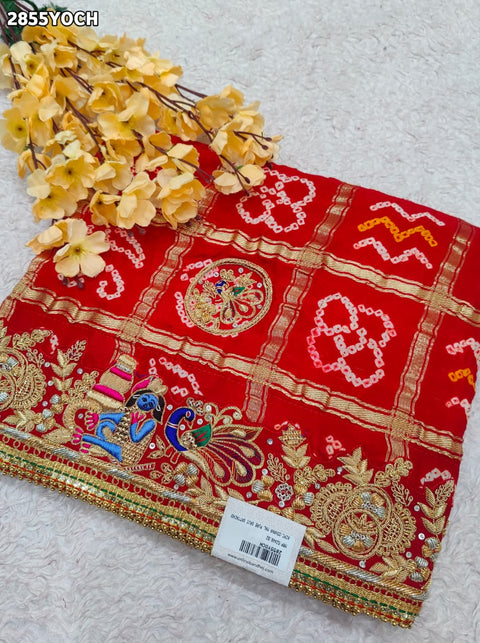 KcPc New Traditional Gaji Silk Bandhani Pila Chunri with Zardozi Work  MNL