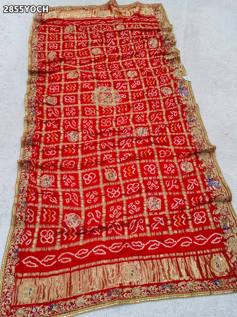 KcPc New Traditional Gaji Silk Bandhani Pila Chunri with Zardozi Work  MNL