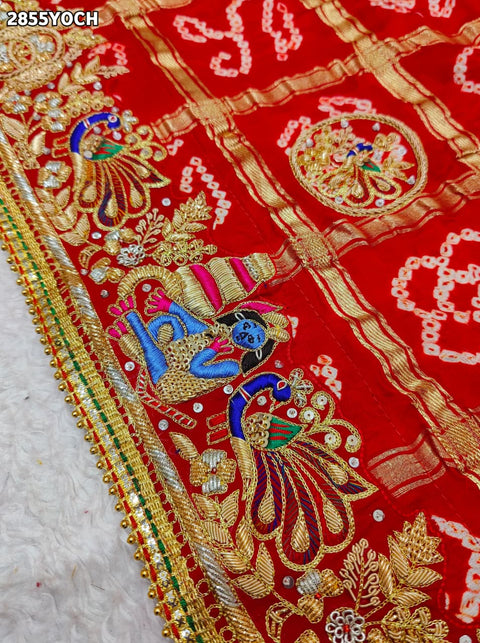 KcPc New Traditional Gaji Silk Bandhani Pila Chunri with Zardozi Work  MNL