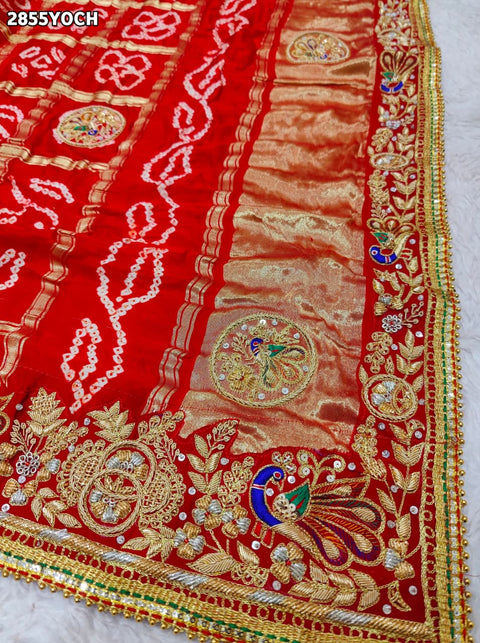 KcPc New Traditional Gaji Silk Bandhani Pila Chunri with Zardozi Work  MNL