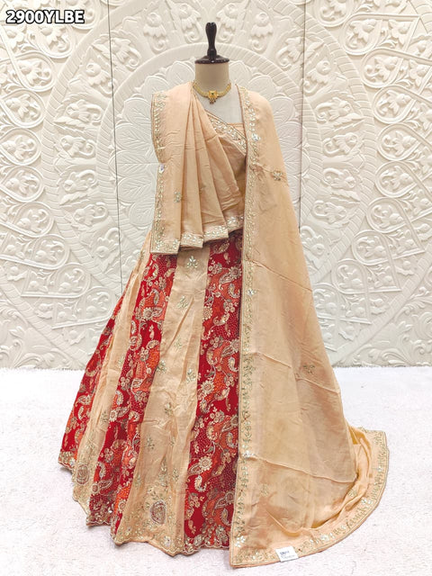 KcPc New Premium Chinon Silk Bridal Lehenga with Zardozi & Cutdana Embellishment   KSF