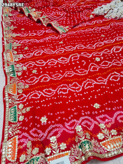 KcPc New Traditional Bandhani Saree in Pure Ojariya Crepe Gota Patti Detailing for Grand Occasions    PRF