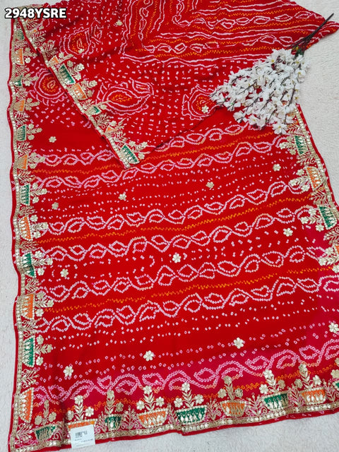 KcPc New Traditional Bandhani Saree in Pure Ojariya Crepe Gota Patti Detailing for Grand Occasions    PRF