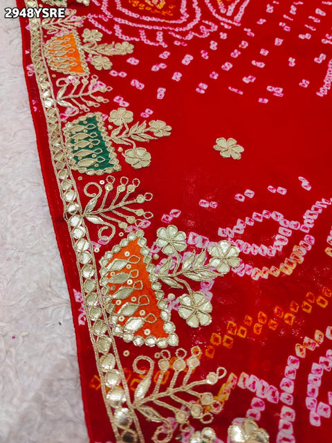 KcPc New Traditional Bandhani Saree in Pure Ojariya Crepe Gota Patti Detailing for Grand Occasions    PRF