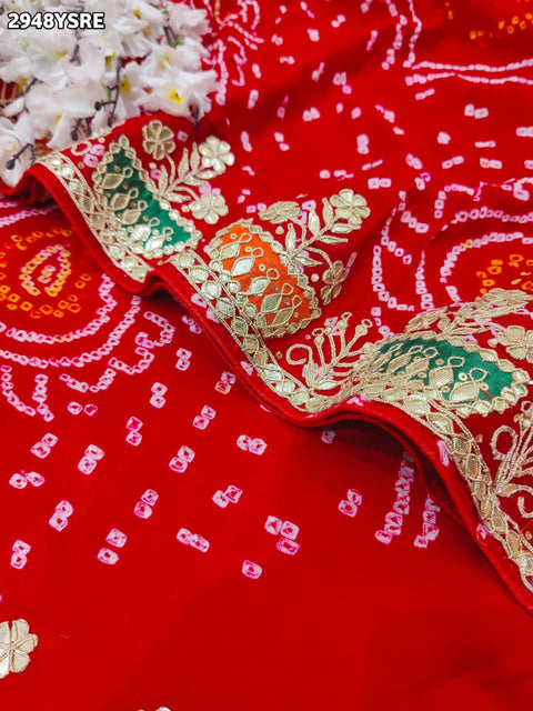 KcPc New Traditional Bandhani Saree in Pure Ojariya Crepe Gota Patti Detailing for Grand Occasions    PRF