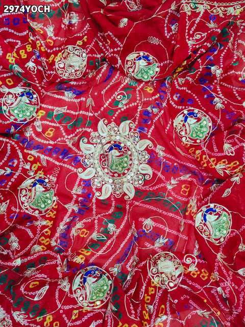 KcPc New Ojariya Bandhej Pila Chunri with Zardozi Work Traditional Wear RS