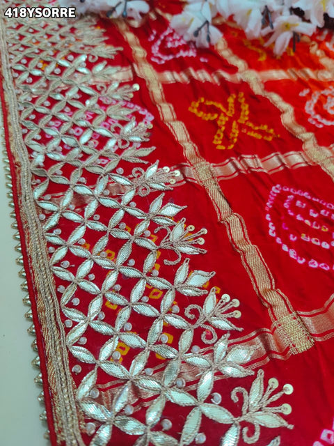 KcPc New Pure Gaji Silk Bandhani Saree with Elegant Gota Patti Work  AMT