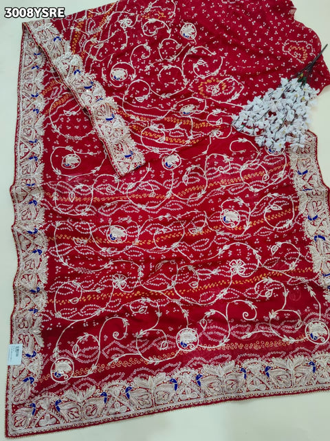 KcPc New Traditional Ojariya Bandhani Saree Adorned with Zardozi Embroidery   SRN
