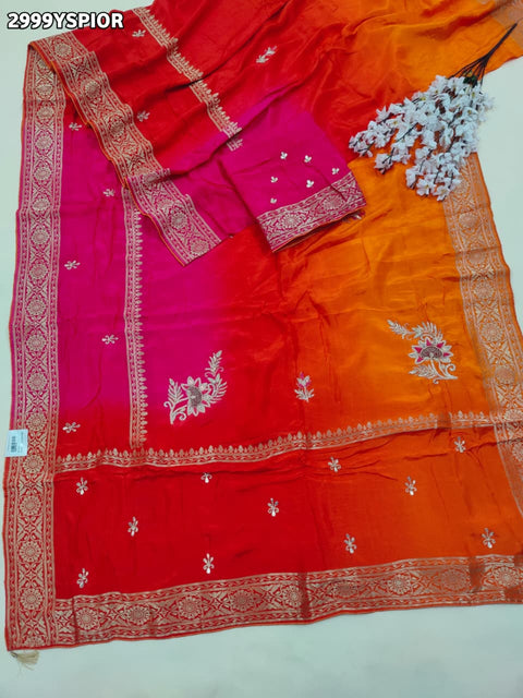 KcPc New Traditional Russian Silk Saree with Exquisite Handcrafted Cutdana Aari Work  AMT
