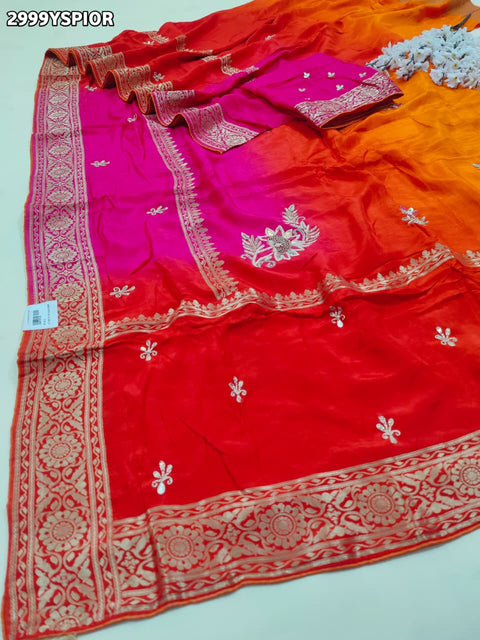 KcPc New Traditional Russian Silk Saree with Exquisite Handcrafted Cutdana Aari Work  AMT