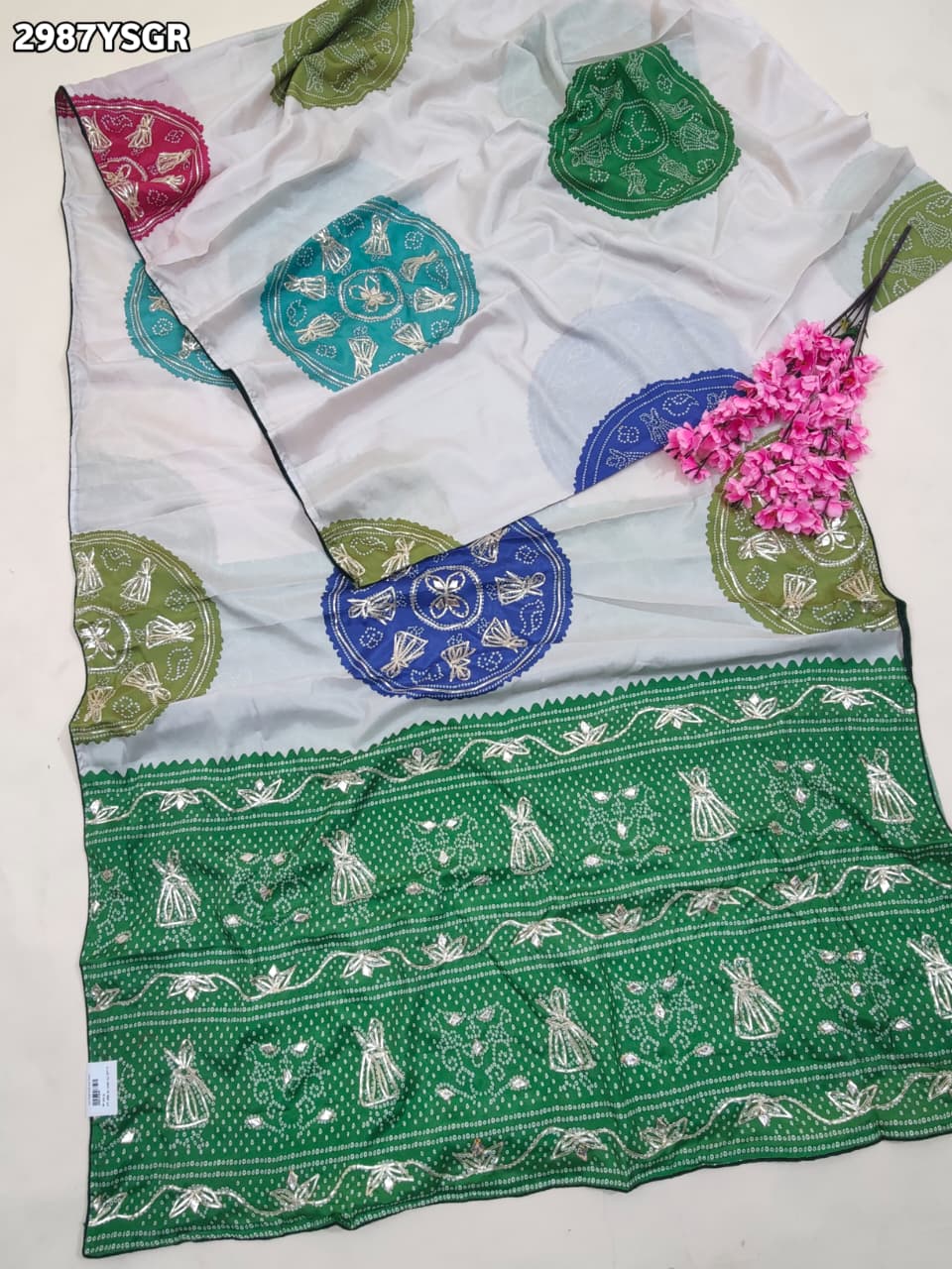 By Bandhani Saree With Gota Patti Border