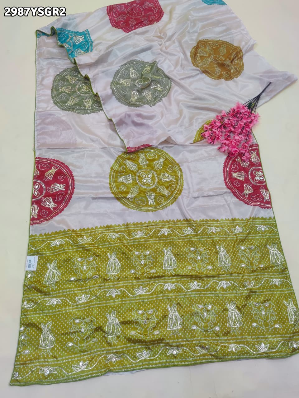 By Bandhani Saree With Gota Patti Border
