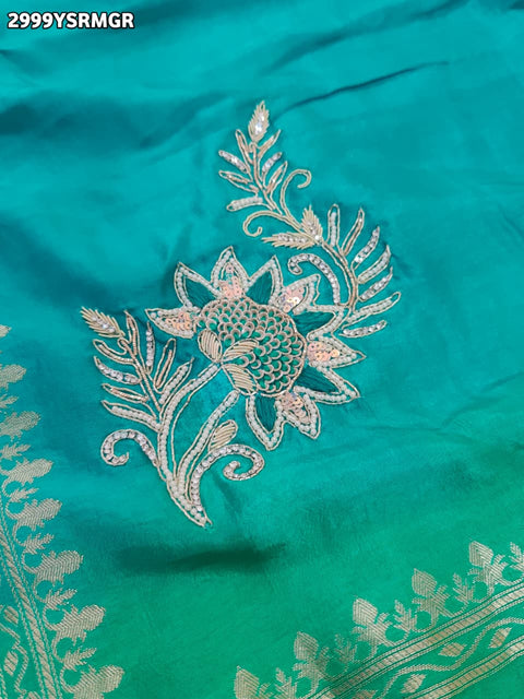 KcPc New Pure Russian Silk Saree with Traditional Design Cutdana Aari Work Festive Wear  AMT