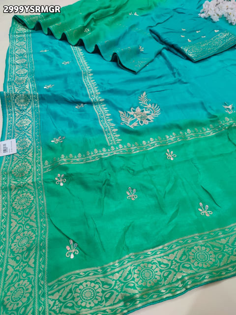 KcPc New Pure Russian Silk Saree with Traditional Design Cutdana Aari Work Festive Wear  AMT