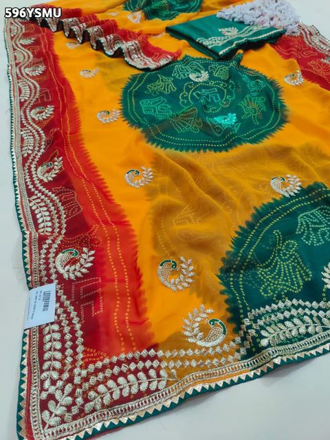 By Bandhani Saree With Embroidery Work