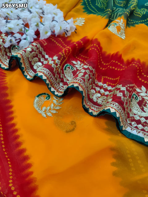 By Bandhani Saree With Embroidery Work