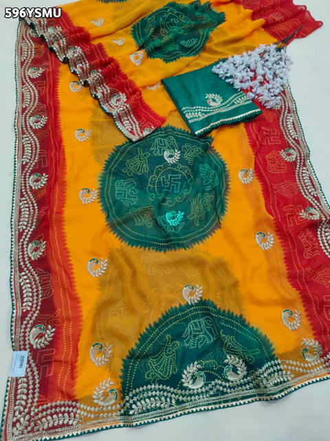 By Bandhani Saree With Embroidery Work
